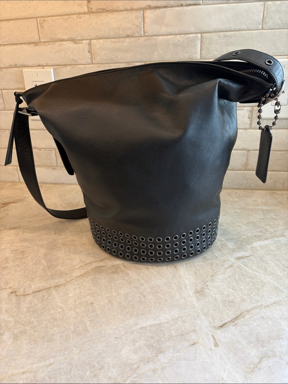 Coach Black Leather Eyelet-Trim Bucket Shoulder Bag